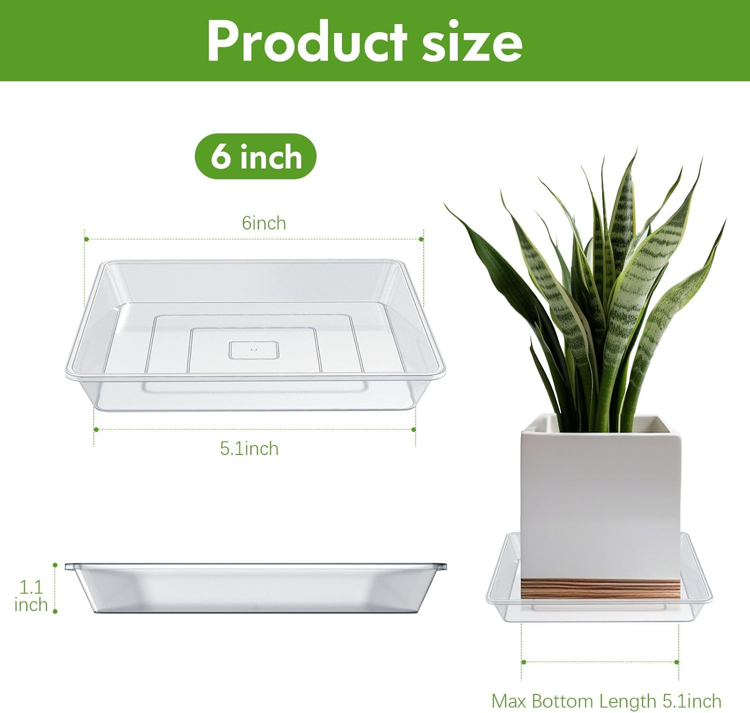 6 Pack 6 Inch Square Clear Plant Saucer, Durable Thick Plant Pot Dish for Flower Pot, Plastic Plant Tray to Catch Water for Indoor Outdoor image number 2