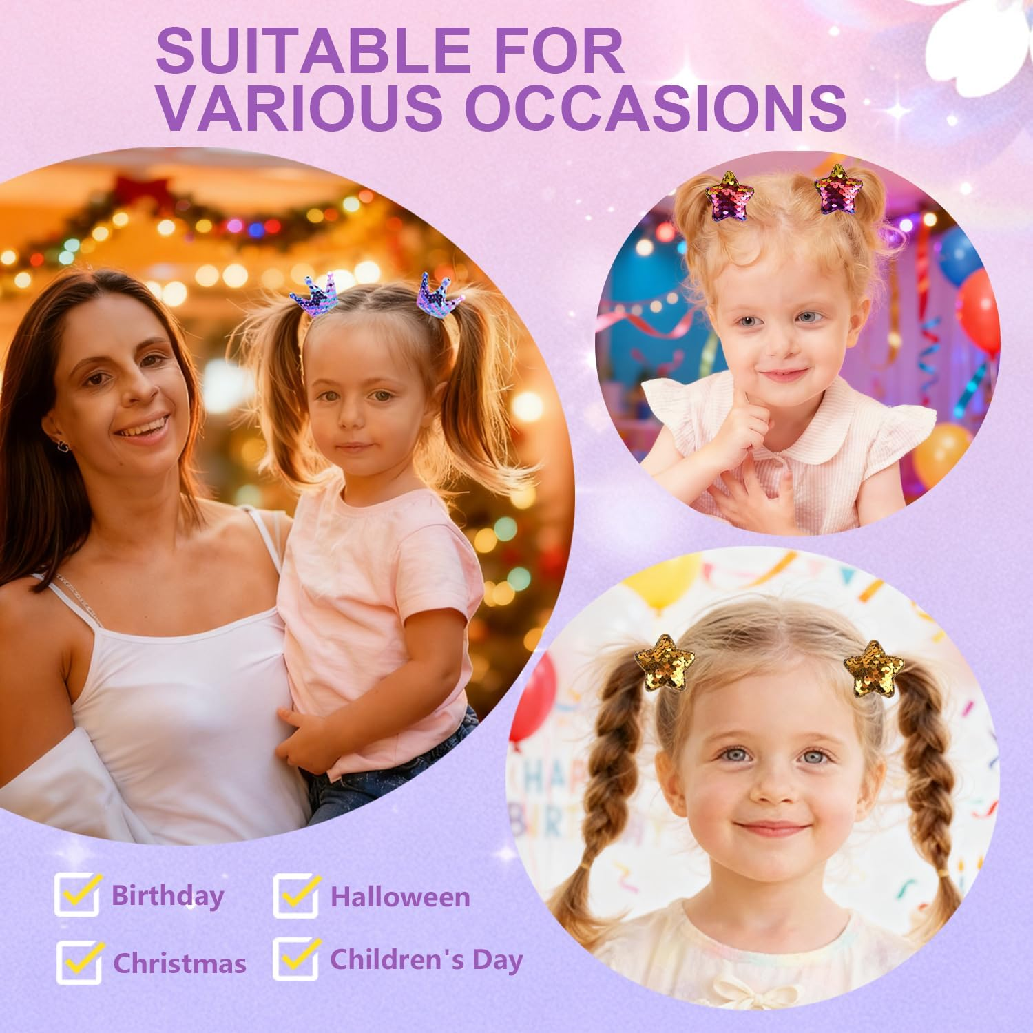 20 Pcs/10 Pairs Glitter Hair Ties for Girls, Sequin Heart Star Crown Baby Girls Hair Scrunchies Elastics Rubber Bands Hair Ropes Ponytail Holders Hair Accessories for Infants Toddlers Kids Teens Women image number 4