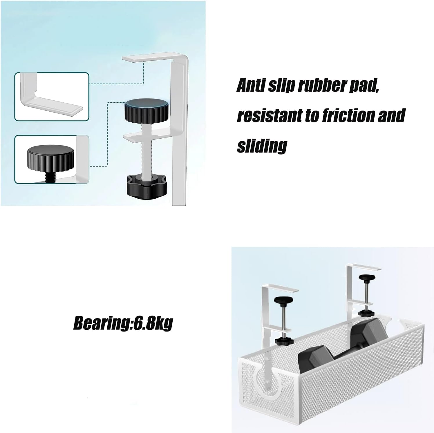 Under Desk Cable Management Tray, No Drill Metal Mesh Cable Organiser with Clamp Mount for Wire Management, 2 Hole Cord Organization Box, Cable Rack for Home, Office and Standing Desk, Easy to Install image number 6