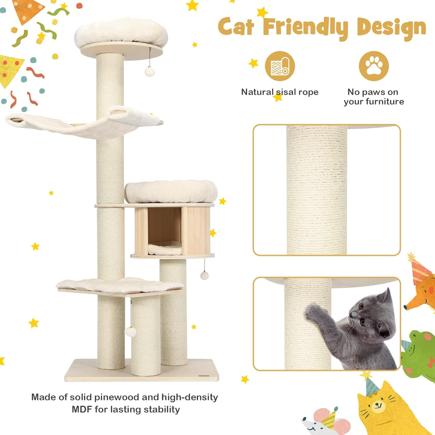 Wood Cat Tree for Indoor Cats, Tall Modern Cat Tower W/Sisal Scratching Posts, Condo, Padded Perch, Hammock, Napping Bed, Dangling Ball, Multi-Level Pet Furniture Kitty Activity Center image number 6