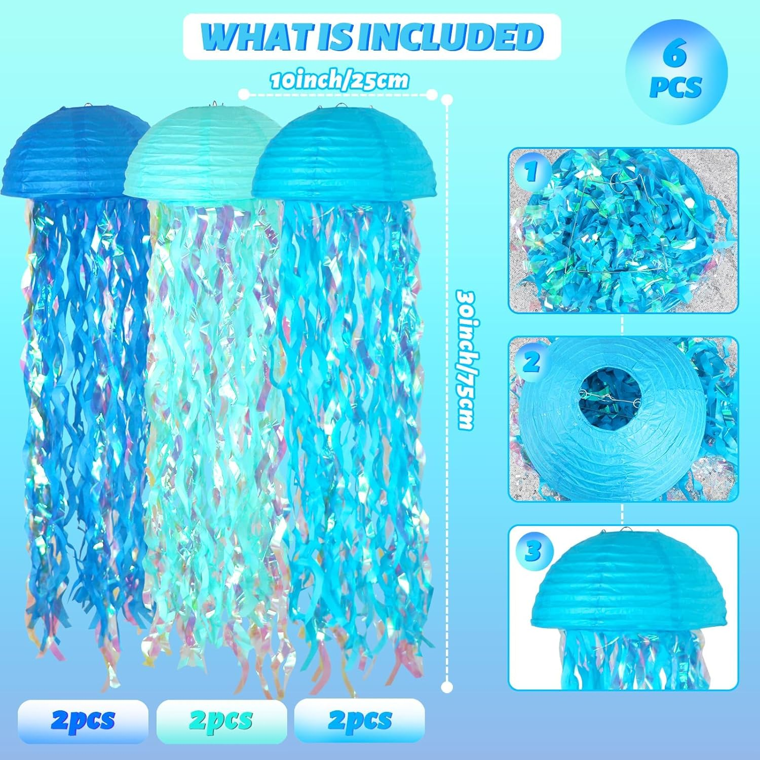 Blue Hanging Jelly Fish Paper Lanterns, Gradient Colorful Paper Lanterns for Mermaid Theme Party under the Sea Ocean Birthday Decorations Baby Shower Baby Room image number 3