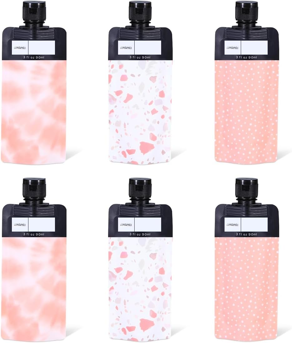 ASEVAT Leak Proof Empty Squeeze Pouches,Refillable Travel Pouches for Toiletries Portable,Travel Fluid Makeup Packing Bag for Lotion Shampoo Face Cream Hand Soap (9 Oz-6 Pack), 6 Pack, 3 Oz, Flap