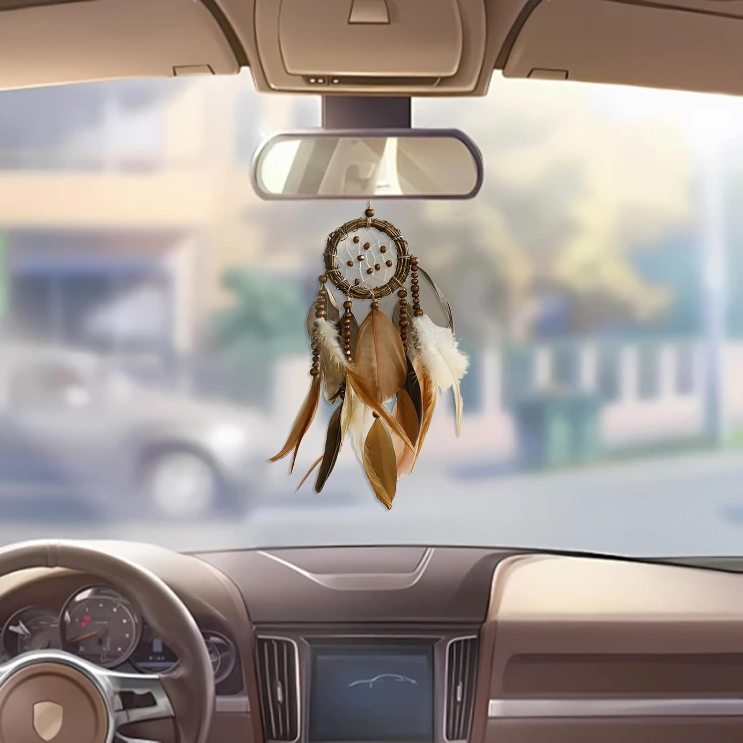 Mini Dream Catcher for Car Rear View Mirror Accessories - Handmade Small Brown Dreamcatchers Boho Car Charm Interior Decor, Native Ameican Indian Hanging Ornament Room Decor image number 6