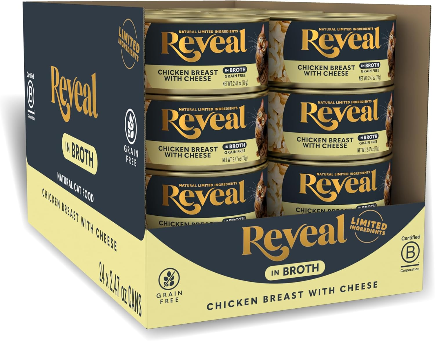 Reveal Natural Wet Cat Food, 24 Count, Grain Free, Limited Ingredient Canned Food for Cats, Chicken with Cheese in Broth, 70G Tins image number 2