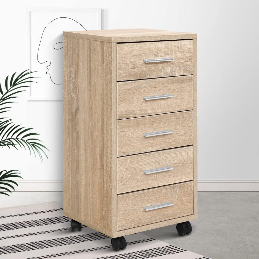 Artiss 5 Drawers Filing Cabinet, Chest of Drawer Desk File Storage Cabinets Wood Slim Locker Home Office Bedroom Furniture, with Metal Suspension Rails Anti-Scratch Beige image number 4