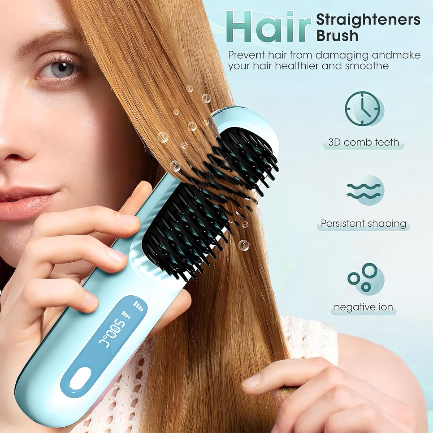 Portable Straightener Brush - Gobrush PRO, Go Brush Pro Straightener Rechargeable & Cordless Mini Hair Straightener Comb,1Pcs,Light Blue (Blue) image number 4