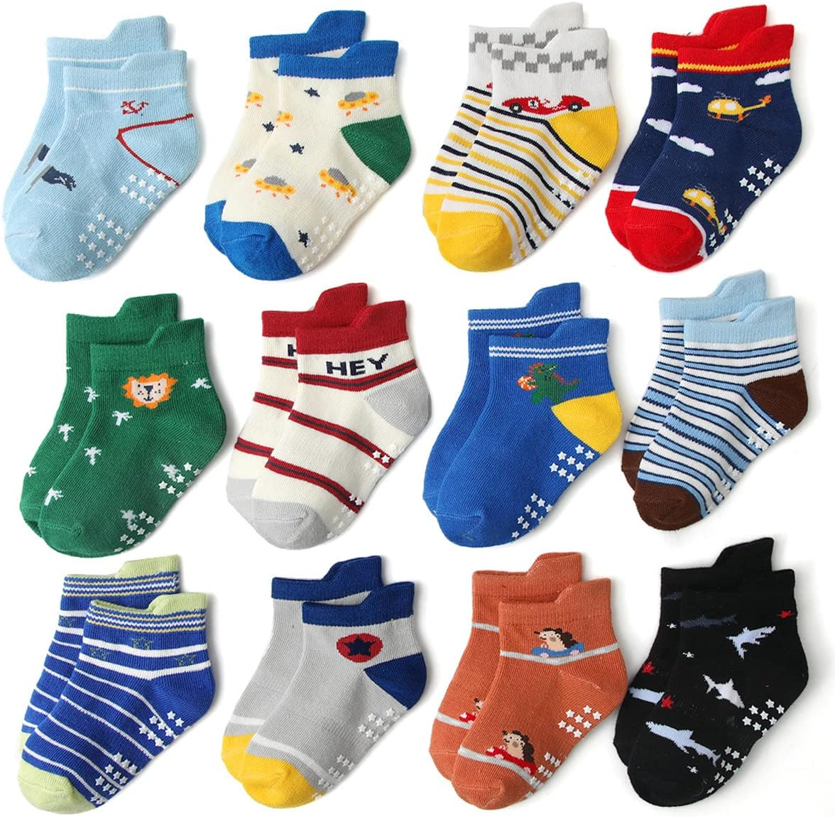Baby Non Slip Grip Ankle Socks,12-Pack Cotton Crew Socks for 1-3/3-5 Years Old Infants Toddlers Kids Boys Girls Crawling Unisex Ankle Socks Non Skid Sole