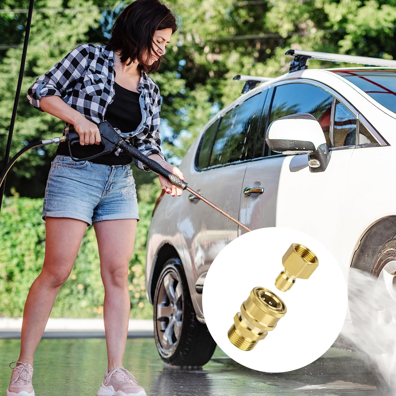 NQEUEPN 2Pcs M22-14Mm to 1/4In Pressure Washer Adapter Set, Brass Pressure Washer Coupler Pressure Washer Fast Connect & Quick Disconnect Kit for Power Washer Hose Pump 5000 PSI