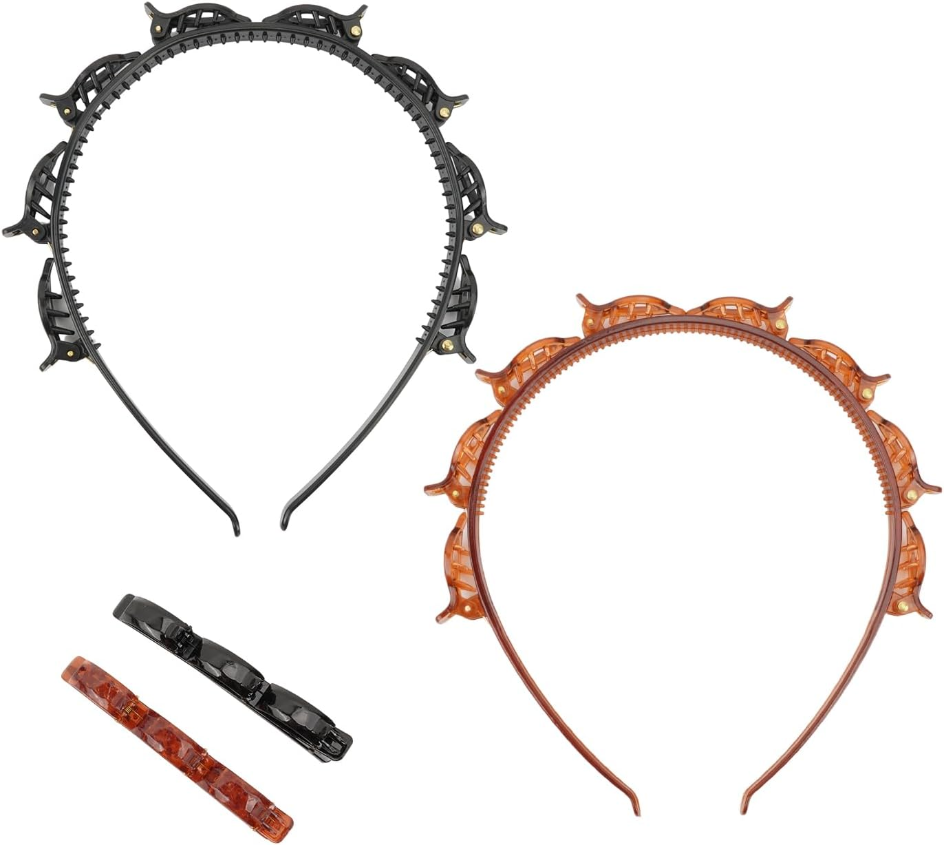 Amexo 4 Pieces Headband with Clips, Double Bangs Hairstyle Hairpin Clip Headband Twister Headbands for Women Girls (Black, Brown) image number 3