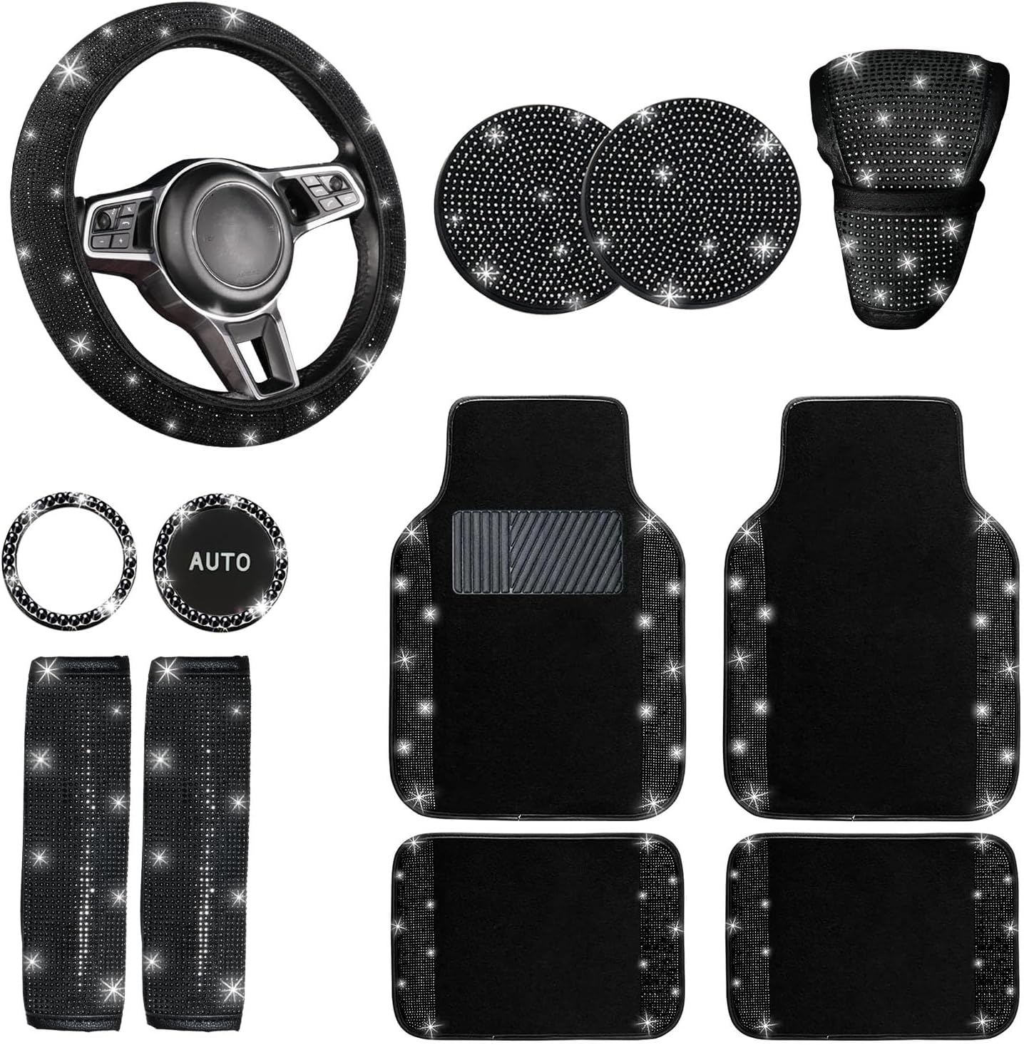 NBTEPEM 8 Pcs Bling Car Accessories Set for Women, Steering Wheel Cover, Sparkly Seat Belt Covers, Bling Gear Shift Cover, Universal Fit Most Cars (Silver Diamond)