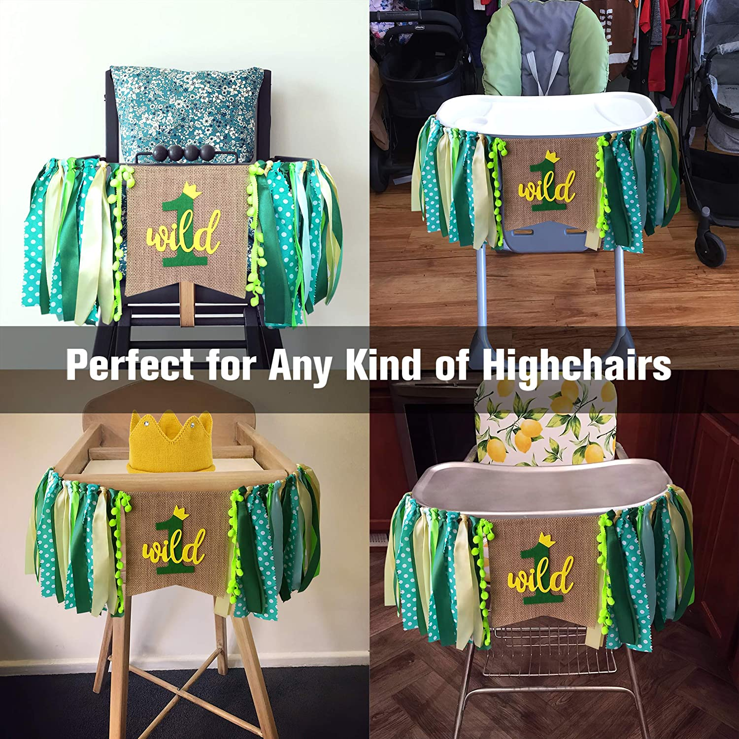 Goparty Wild One High Chair Banner Boy, 1St Birthday Highchair Banner with Crown, Fabric Jungle Safari Theme First Birthday Party Decorations image number 1