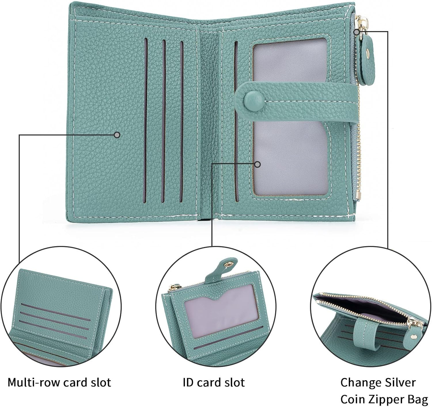 HKCLUF Small Wallets for Women,Zipper Leather Wallet Ladies Small Compact Bifold Credit Card Holder Coin Purse with ID Window, B4-Green, Small Wallet, Minimalist image number 4