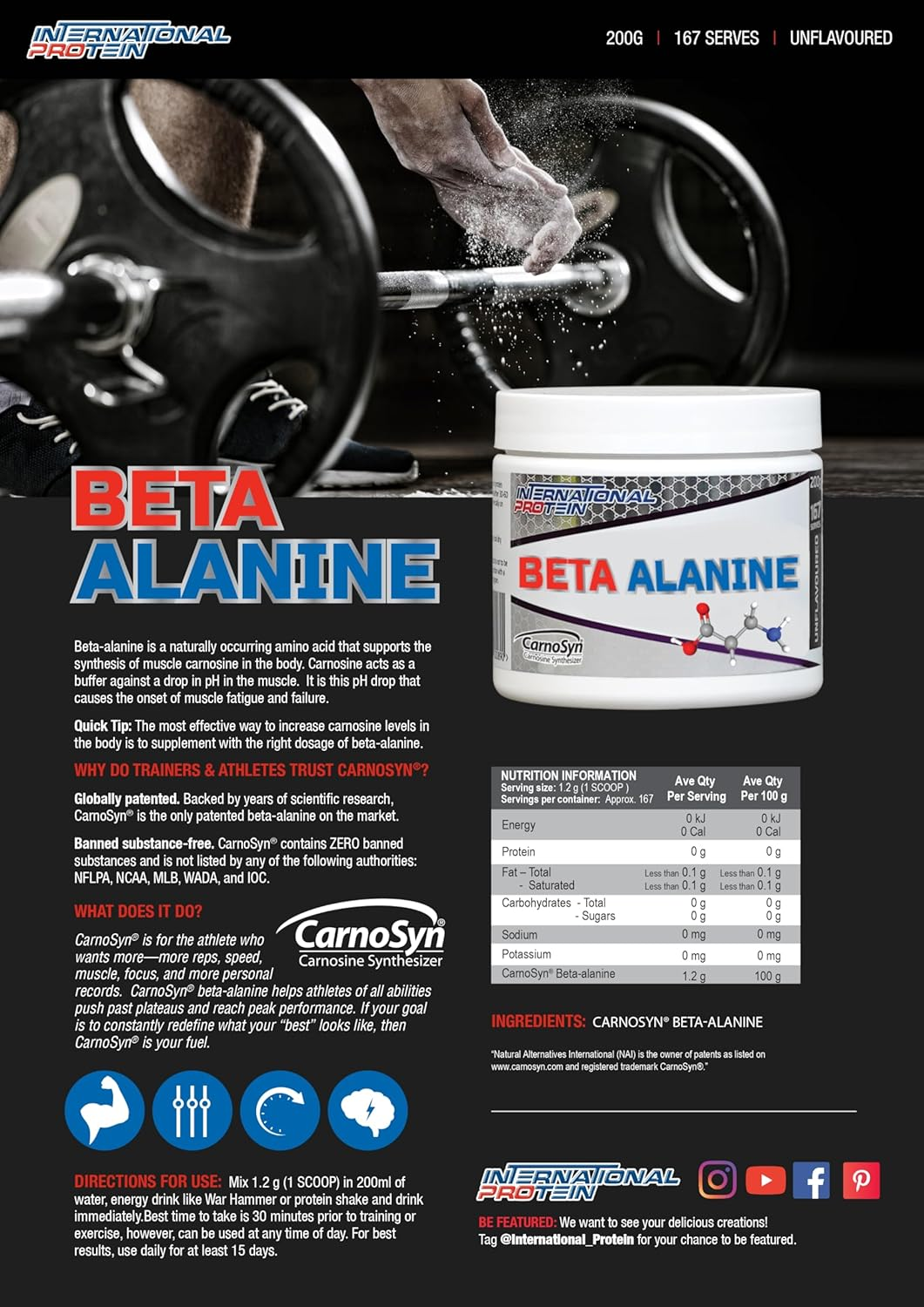 International Protein Flavour Beta Alanine Carnosyn 200 G