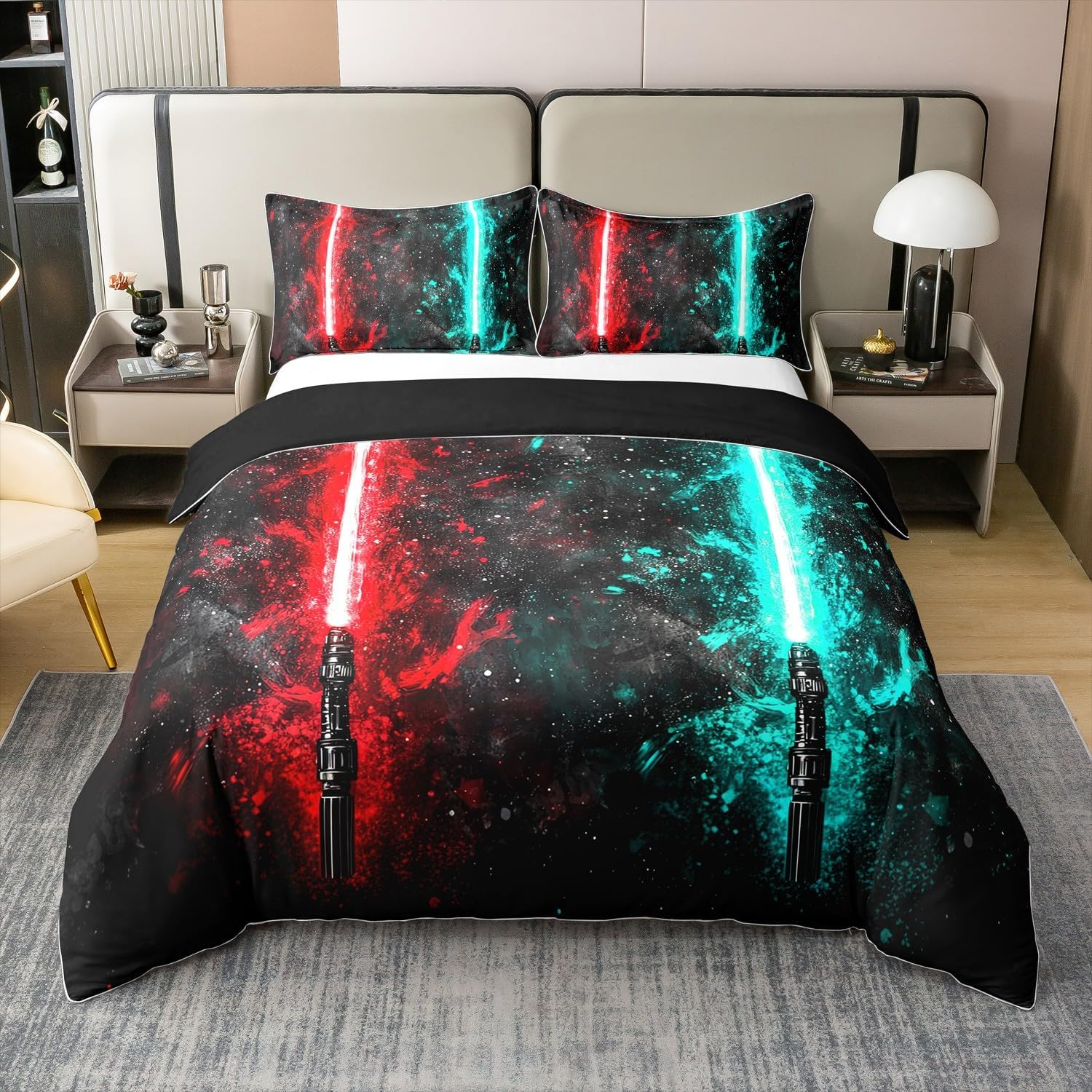 100% Cotton Neon Red Teal Lightsaber Bed Linen Set 200 X 200, Neon Glowing Lightning Comfort Cover for Children Teens, Fashion Games Duvet Cover Light Sword Technology Bed Set with 2 Pillowcases image number 5