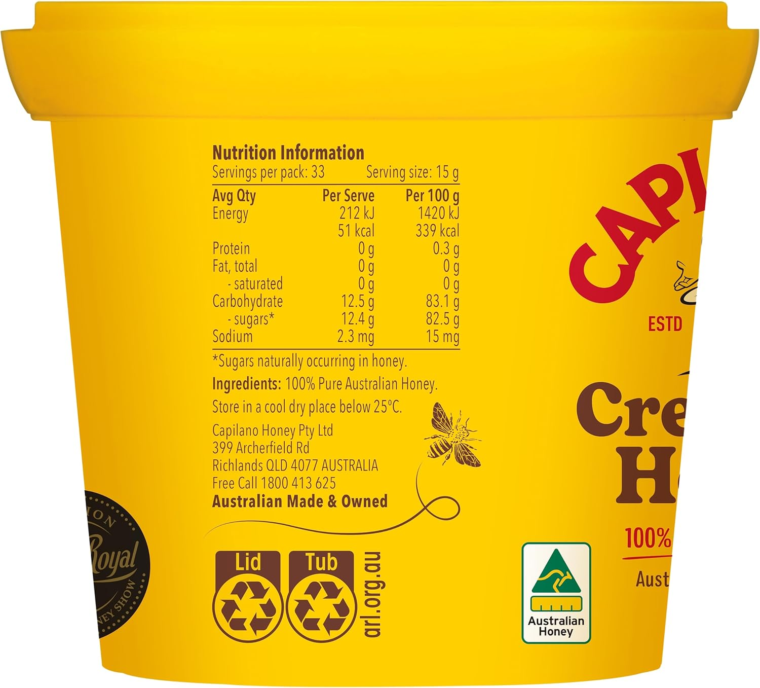 Capilano 100% Pure Australian Creamed, Premium, Honey Bucket, 500G image number 1
