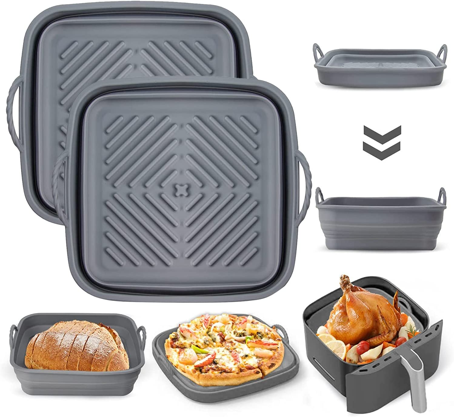 2 Pack 8.5Inch Air Fryer Silicone Liners Square Foldable, Non-Stick Air Fryer Silicone Baking Tray, Heat Resistant Air Fryer Silicone Basket for 5 to 8 QT Air Fryer Oven Microwave Accessories image number 1