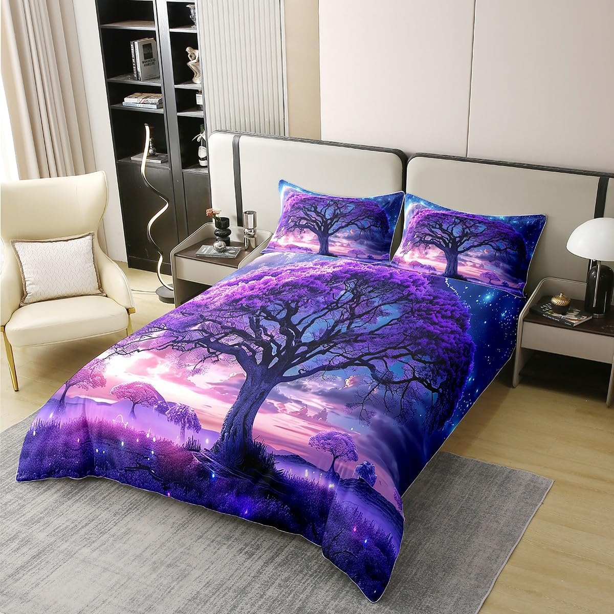 100% Cotton Trees Duvet Cover 135 X 200 Cm, Sunset Twigs Leaves Comforter Cover, Cloud Starry Sky Woodland Bedding Set, Purple Blue Pink Night Landscape Duvet Cover image number 4