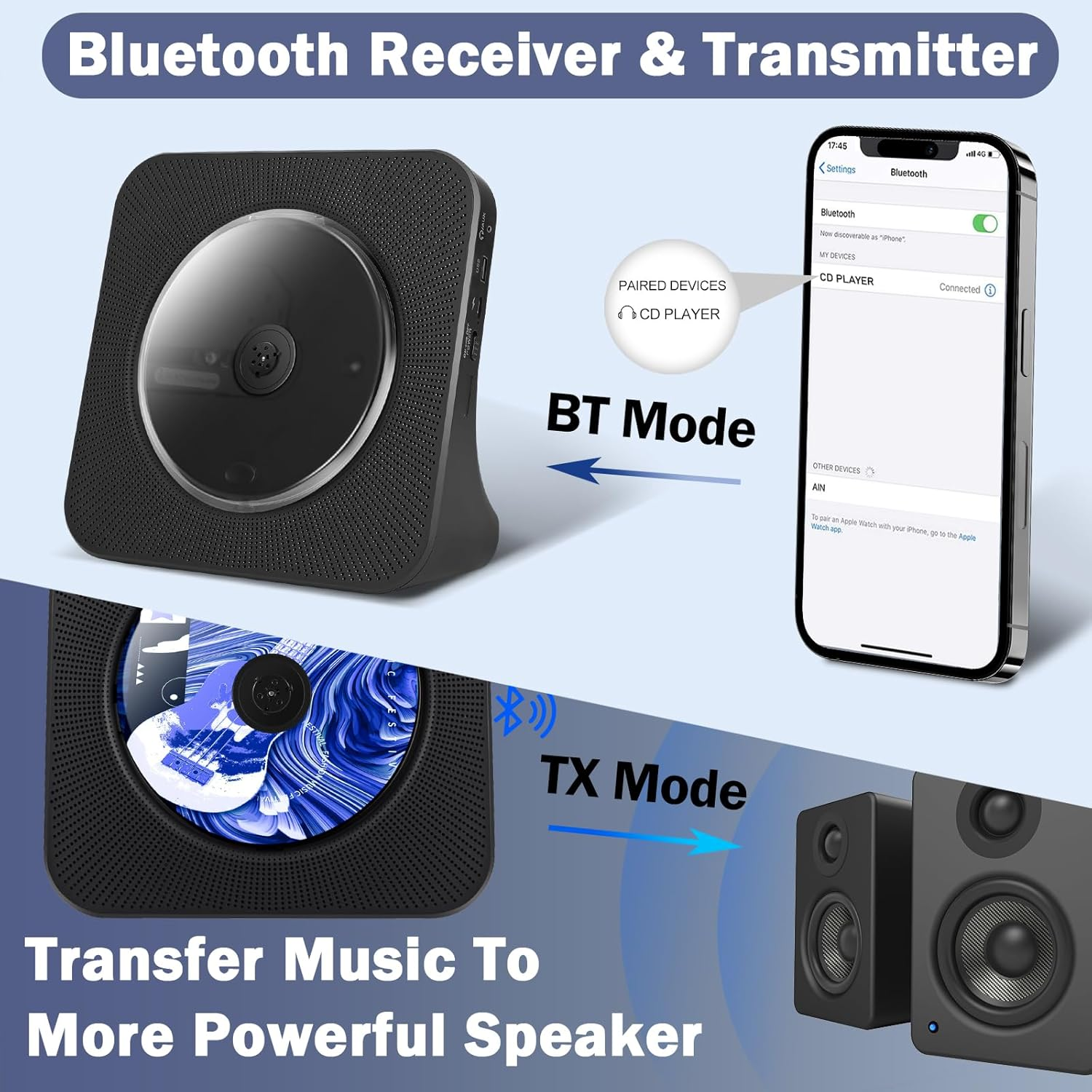 TODANGAI Rechargeable Portable CD Player, Bluetooth CD Players with 4000Mah Battery, Home Desktop Music Players with Remote Control, Supports Bluetooth, FM Radio, U Stick, AUX, Timer, Remote Control image number 5