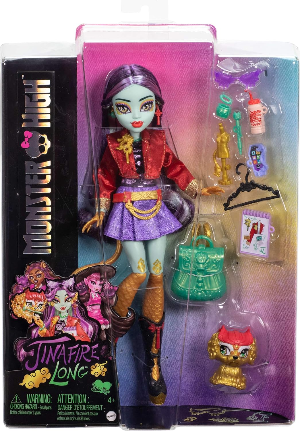 Monster High Jinafire Long Doll, Dragon with Pet Dog Cloudy &ldquo;Yun Yun&rdquo; and 7 Accessories like Sketch Pad, Yogurt Drink, Backpack and More image number 3