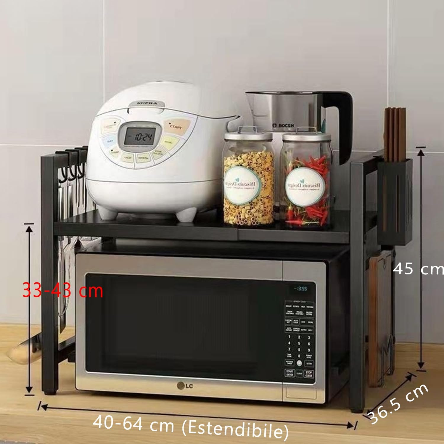 SZJUNXIAO Microwave Expandable Shelf 40-64 Cm, Oven Rack, Kitchen Organiser, Adjustable Width & Height Stand Counter with 4 Hooks (Black 1-Tier)