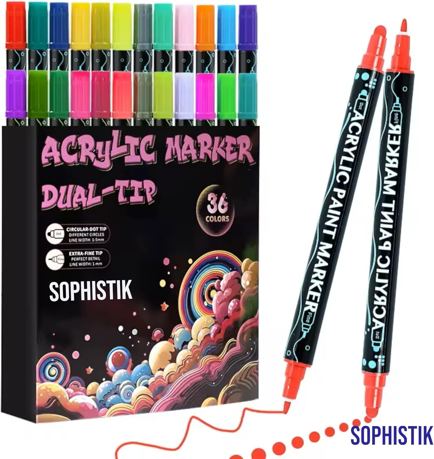 Sophistik Acrylic Marker Set of 36 Dual Tip with Flexible-Brush Tip & Extra-Fine Tip