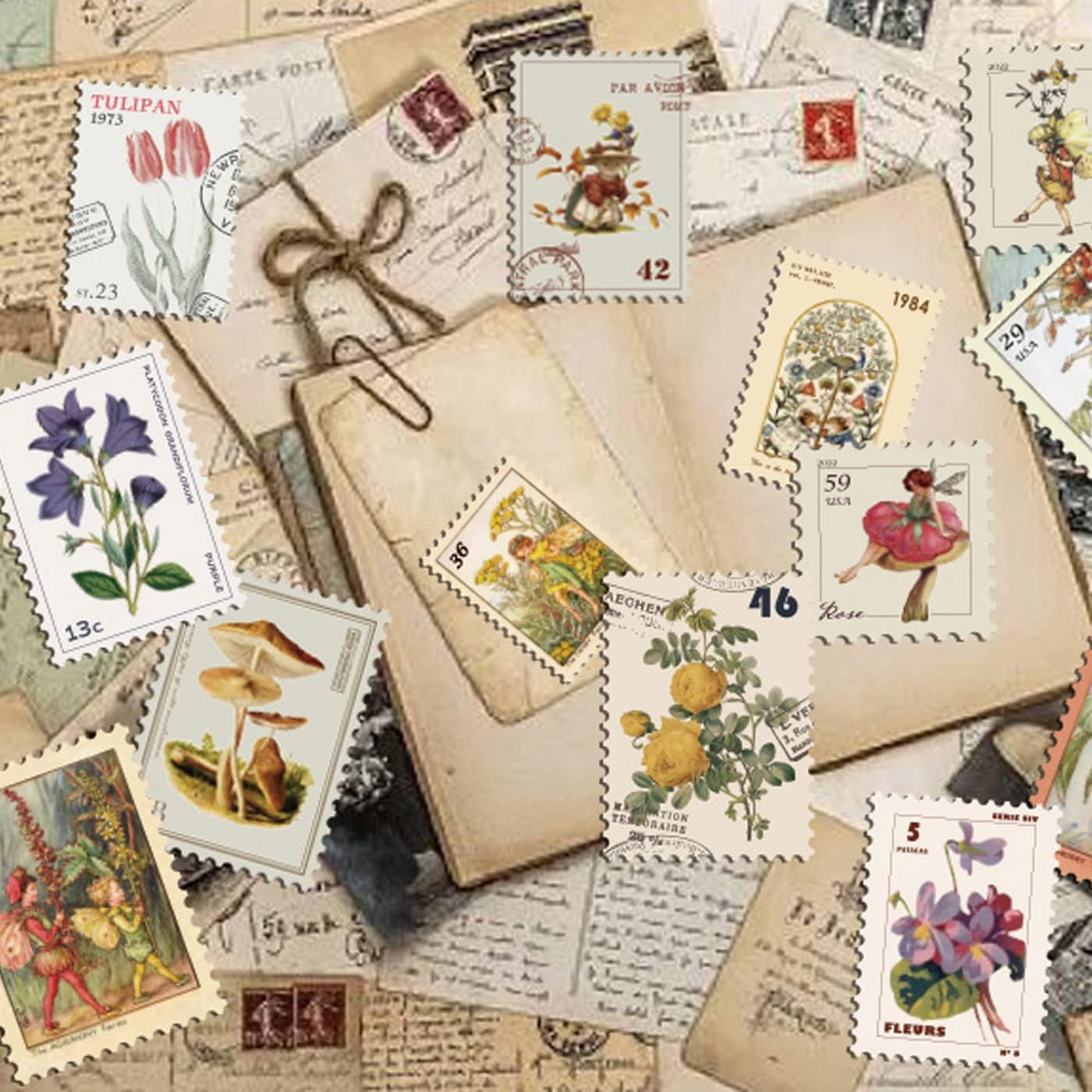 Vintage Postage Stamp Stickers for Scrapbook, 100 Pcs Deco Paper Stickers, Botanical Fairy Sticker for Bullet Journal, Junk Journal, DIY Crafts, Collage Album (Stamp-Like)