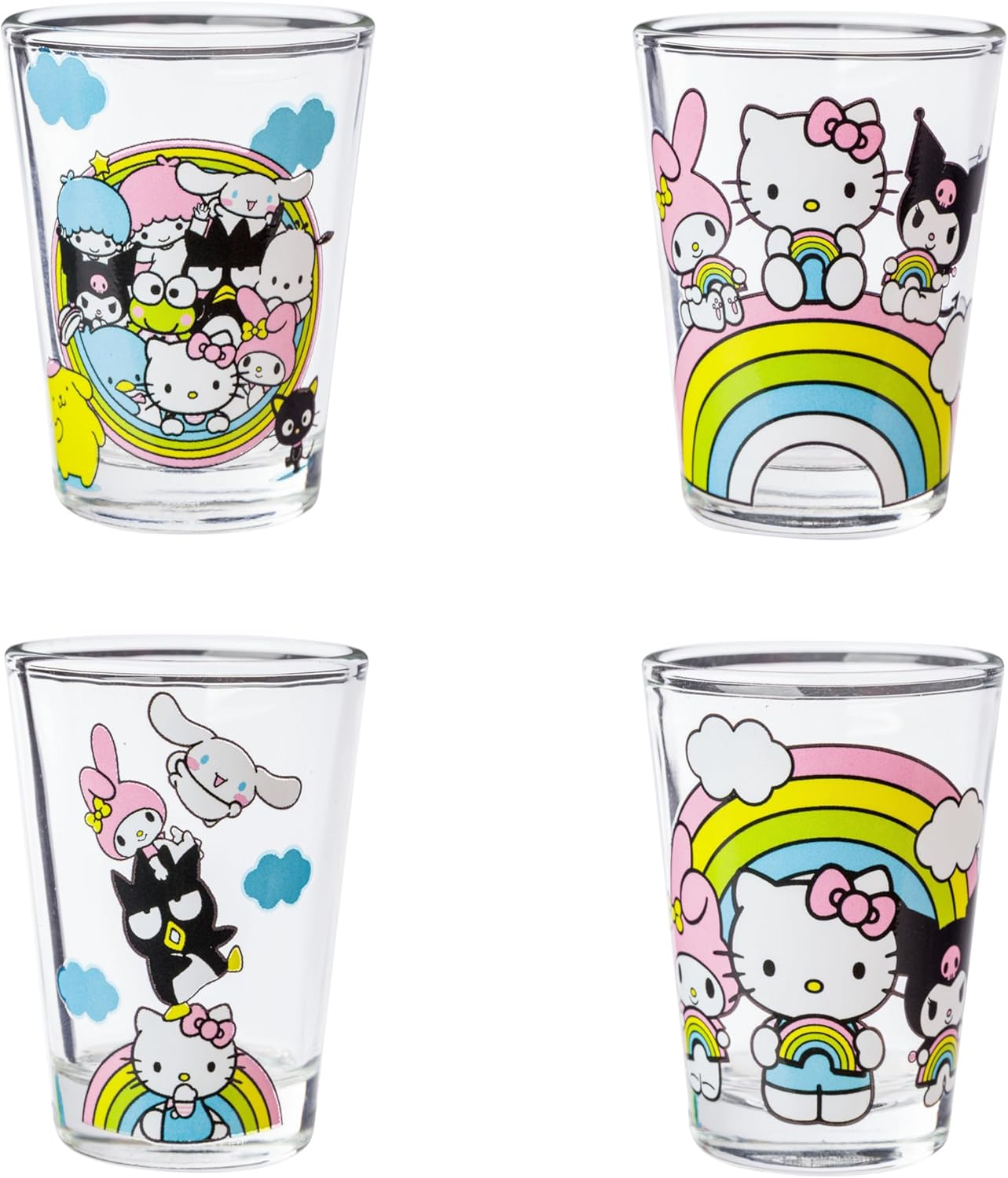 Silver Buffalo Sanrio Group Shot Set 4-Pack Mini Glass Set, 1.5 Ounces