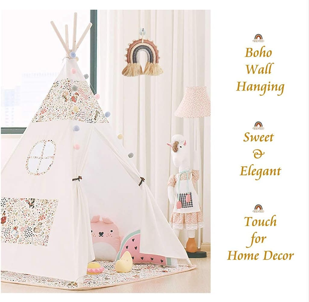 Rainbow Macrame Wall Hanging, Nursery & Home Wall Decor, Bohemian (Pom Pom Trim, 5X5.5X0.39In) image number 2