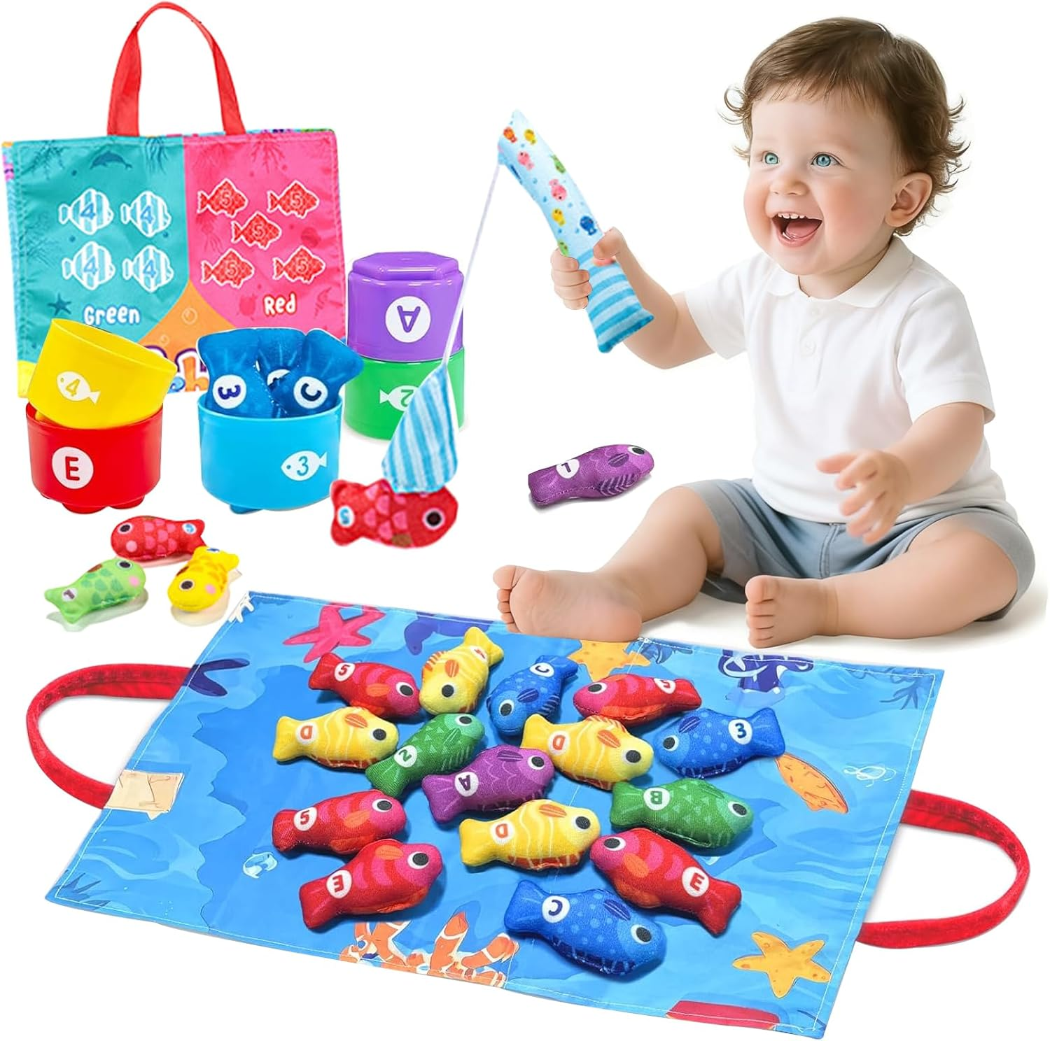 22Pcs Cloth Fishing Game with Stacking Cups, Toddler Toys for 1 Year Old Boy Girl Birthday Gift, Toddlers'S Sensory Toy with Stacking Cups Number Counting, Color Sorting Learning image number 5