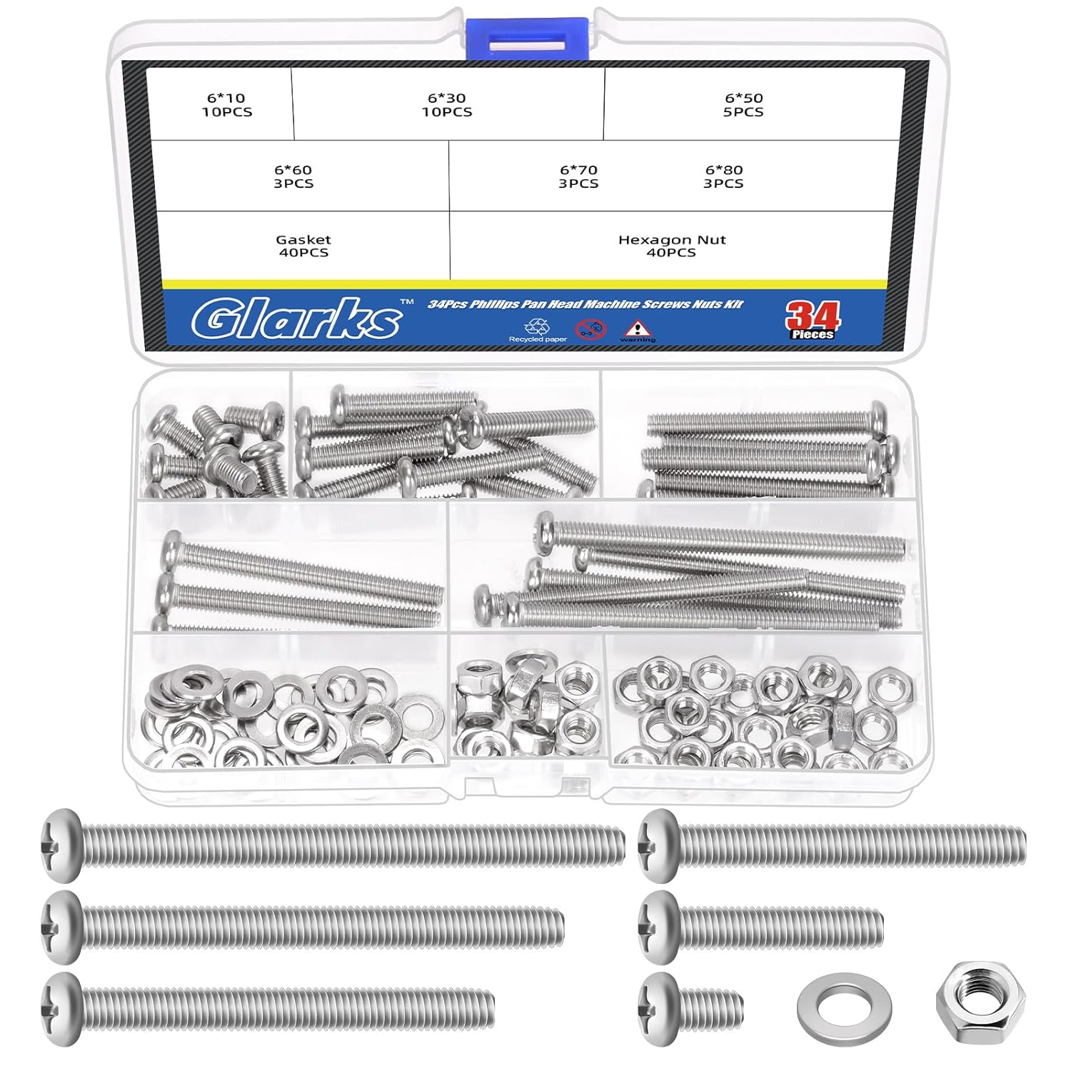 Glarks 114Pcs M6 X 10/30/50/60/70/80Mm Pan Head Phillips Machine Screws Set, 304 Stainless Steel, Fully Thread, Silver Cross Head Screws Bolts with Nuts and Washers for Cabinet Drawer Knob Pull Handle image number 5