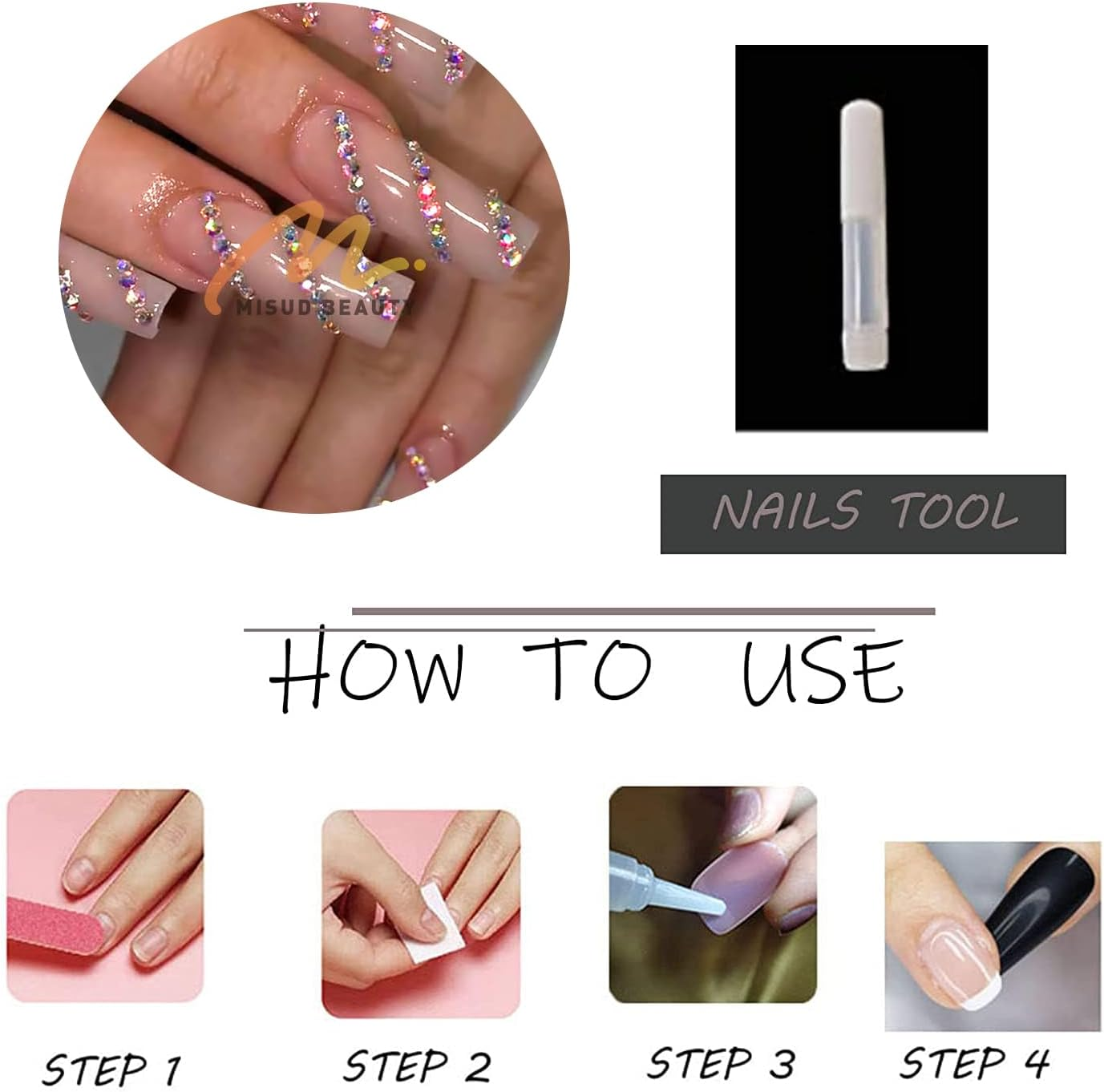 MISUD Press on Nails Long Square Fake Nails Glossy Glue on Nails Nude Acrylic Nails Artificial Nails Squoval Rhinestone Luxury Stick on False Nails with Design 24Pcs