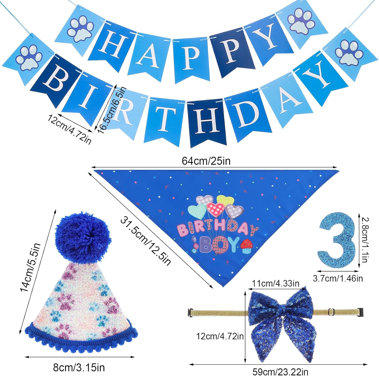 Dog Birthday Decor Sets, Happy Birthday Decoration with Hat Bandana Banner Bow Set, Puppy Cat Rabbit Boys Girls Party Supplies (Dark Blue) - Dark Blue image number 6