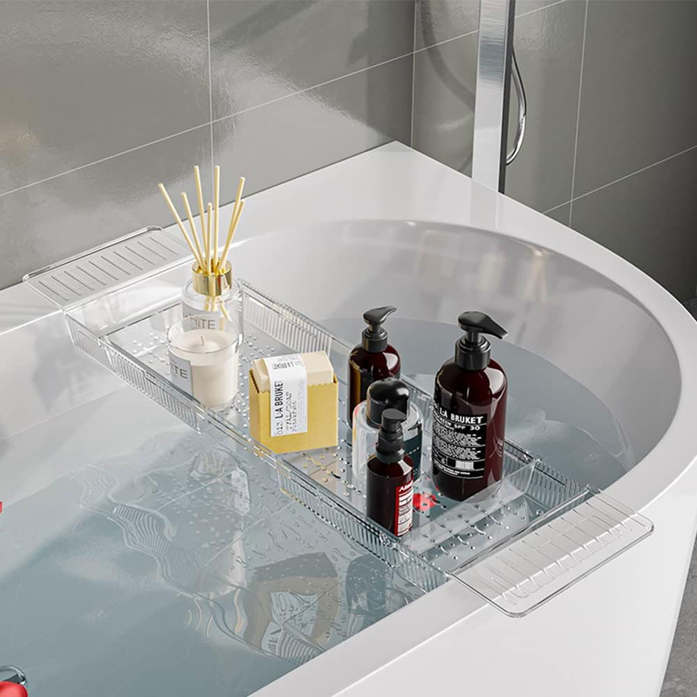 HYAVIA Adjustable Bathtub Caddy Tray Expandable Non-Slip Bath Tub Organizer with Drainage Slots Multi-Functional Bathroom Rack for Spa Accessories Phone and Book Holder image number 1
