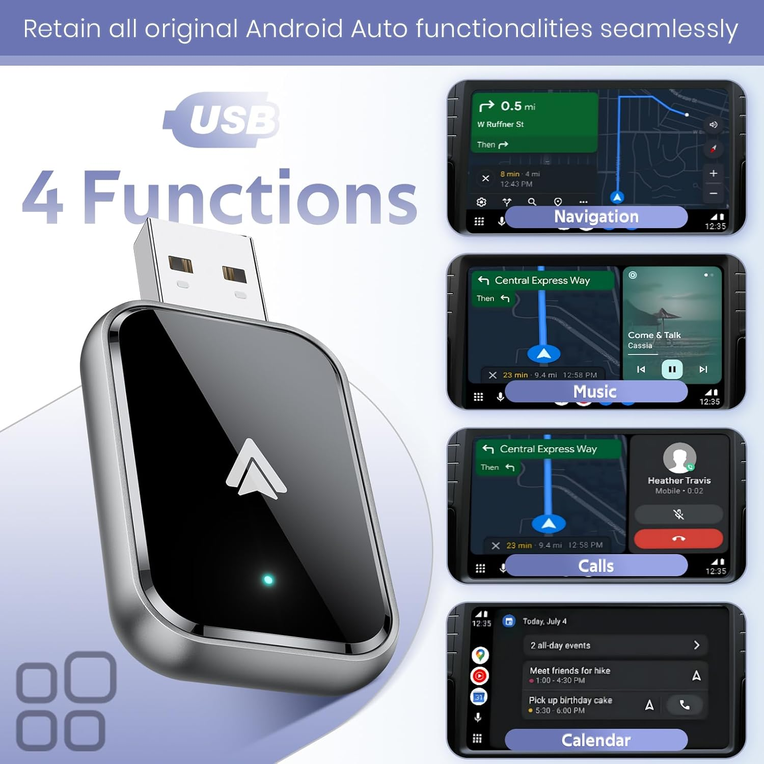 Android Auto Wireless Adapter, Convert Wired to Wireless, Mini Size with Extension Usb-C/Type-C, Stable Control & No Delay, Supports Car Original Control, Black image number 2