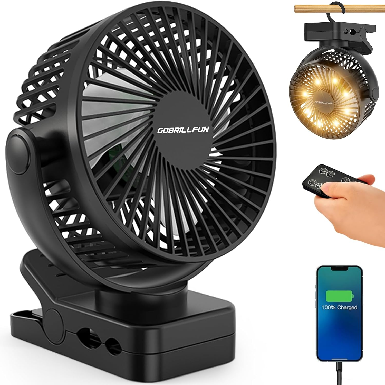 GOBRILLFUN 12000Mah Clip Fan with LED Lights & Timer, USB Rechargeable, 3 Speeds Battery Operated Fan with Timer, Personal Fan for Golf Cart Office Outdoor Travel Camping Tent Gym Treadmill - 6 Inch