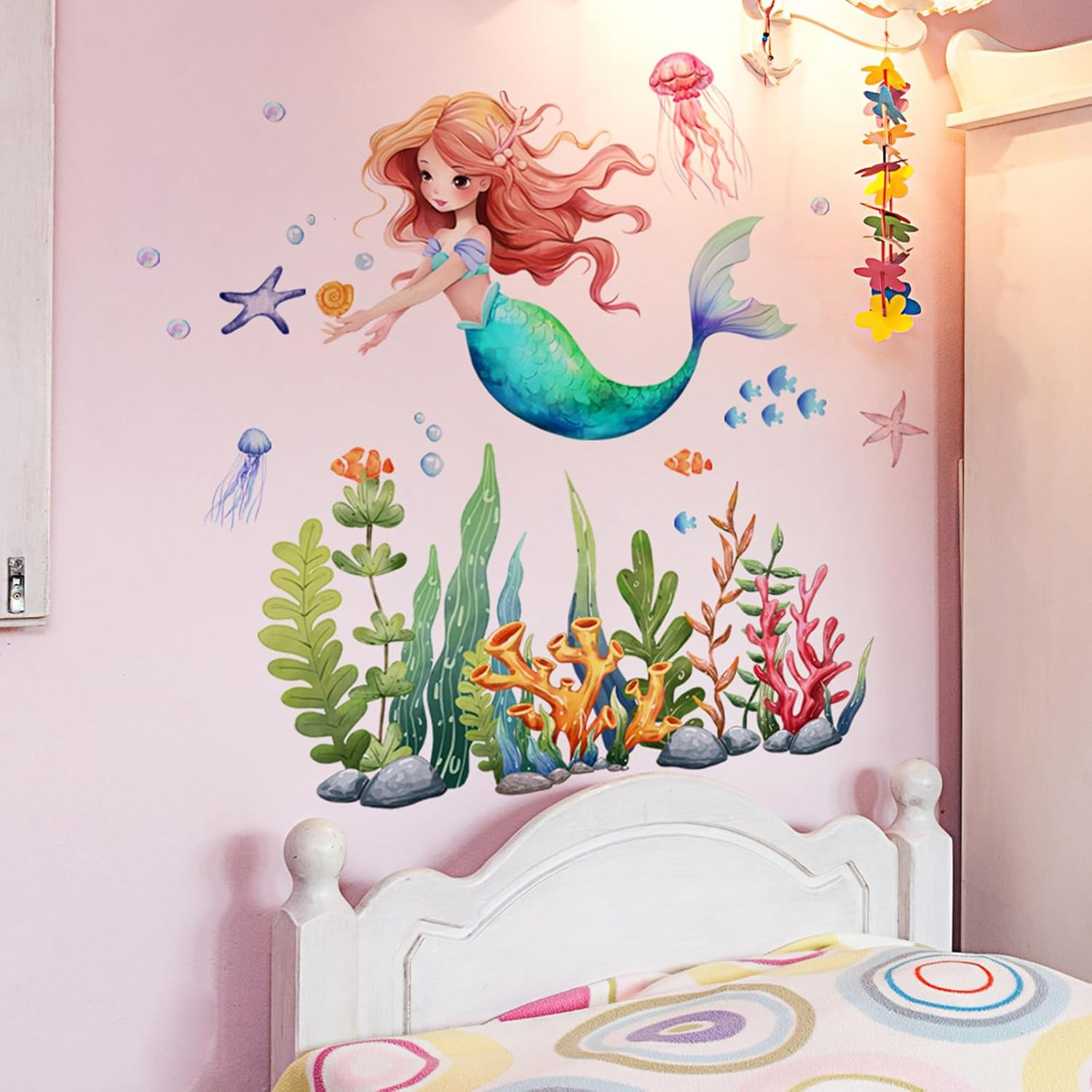 Mermaid Wall Decal Mermaid Fish Seaweed Bubble Wall Stickers under the Sea Marine Fish Seaweed Grass Wall Stickers - Bathroom Baby Kids Nursery Girls Bedroom Daycare Wall Decor image number 6