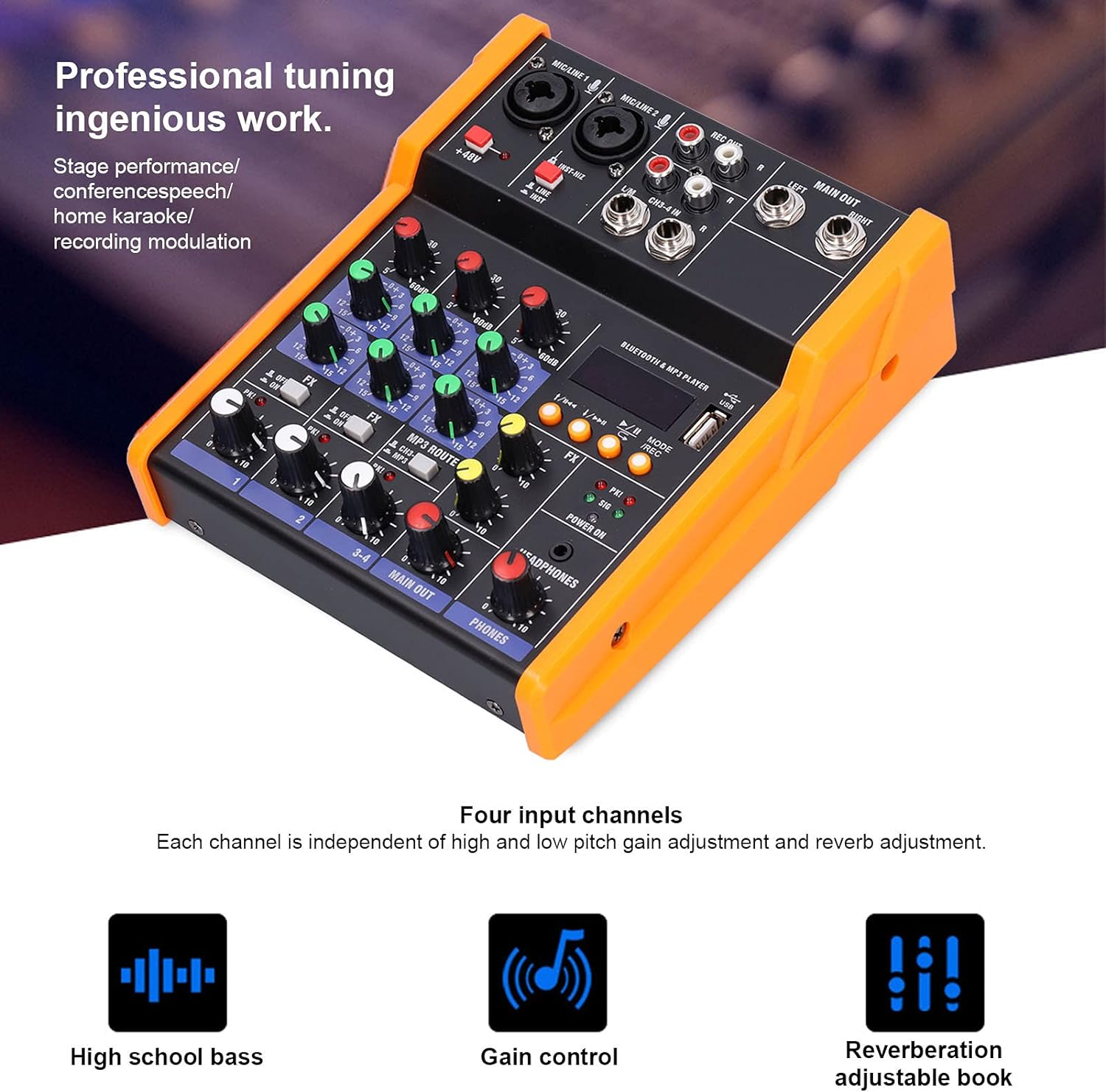 Audio Mixer, Professional Sound Board Console System Interface 4 Channel Support Mp3 /Wav/Lossless Ape/Flac Built in Digital Effect Processor, Compact Studio Mixer for Studio Recording DJ Console image number 6