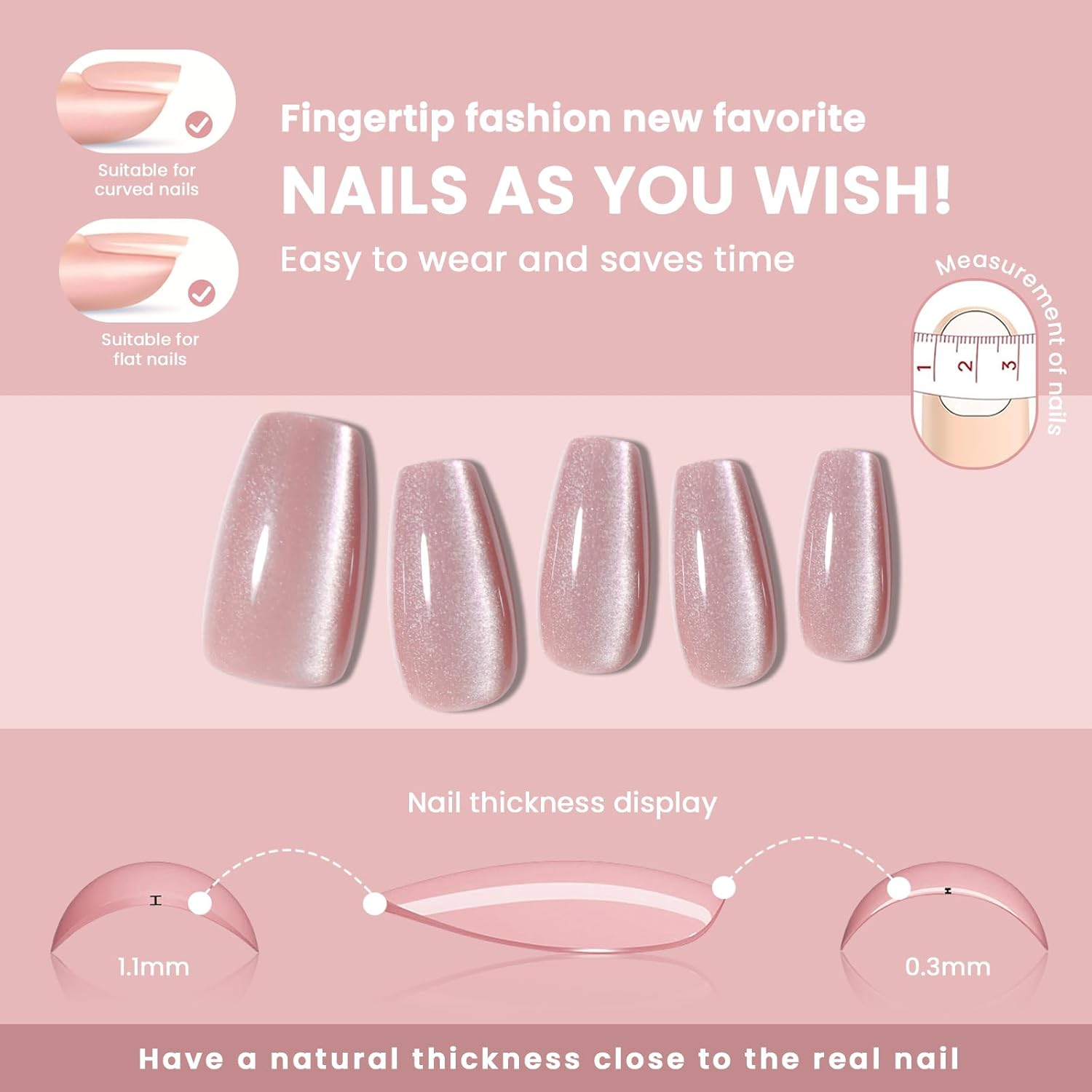 Noerrors Jelly Cat Eye False Nails Pack of 30 Short Square Naked Pink Glass Pressure Nails with Glitter, Shimmer, Acrylic and Gel Glue for Sticking False Nails image number 3