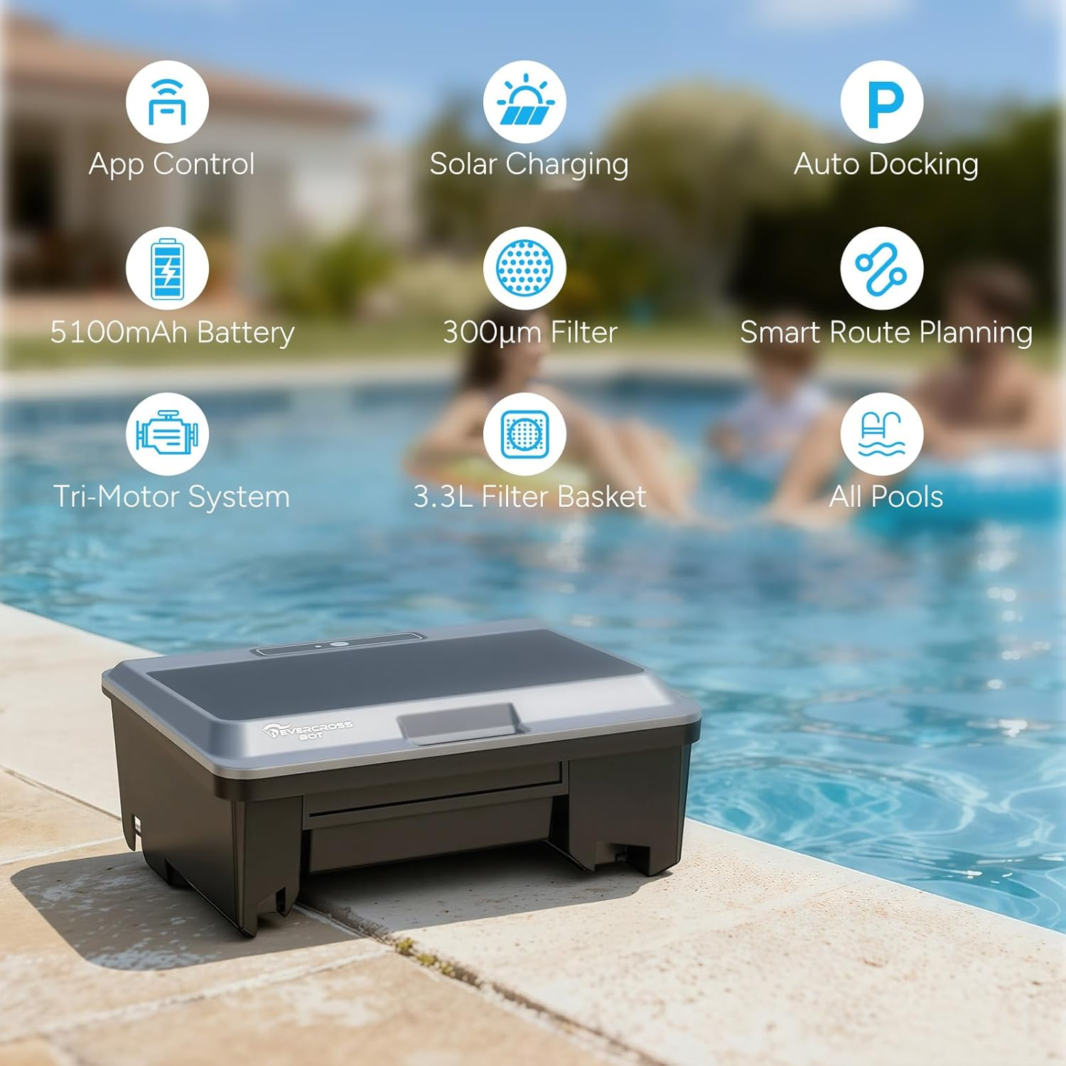 Y9T Robotic Pool Skimmer, Cordless Water Surface Cleaning, Smart Route Planing and Docking, Triple-Motor System, Button and App Control, Solar Charging, Cleaning for 140㎡ Pools