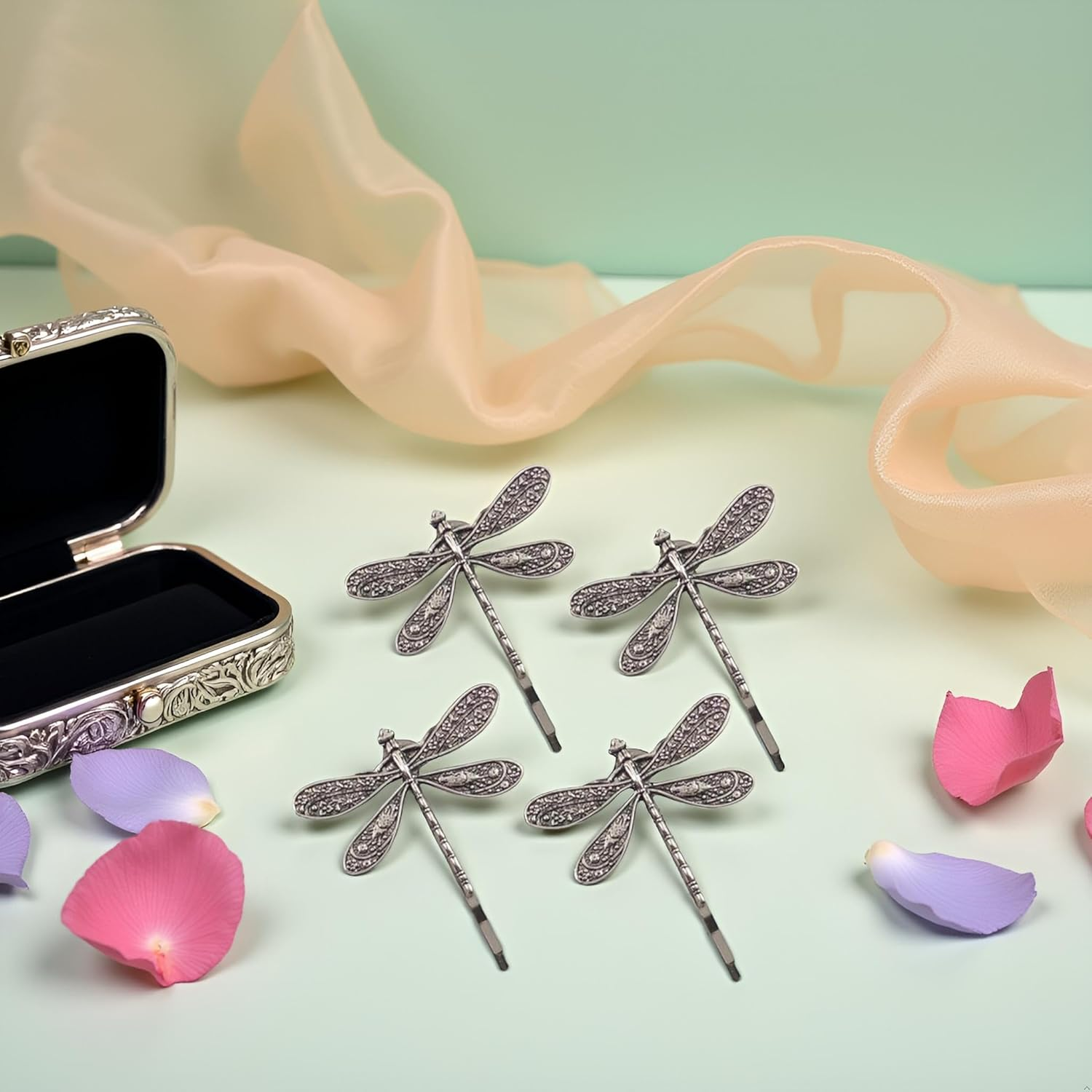 4 Pcs Silver Dragonfly Hair Clip,Wedding Retro Antique Barrette,Bridal Headdress Head Wear Styling Hair Accessories for Girls Ladies Bobby Pins Hair Pins French Hair Styling Hair Accessories image number 1