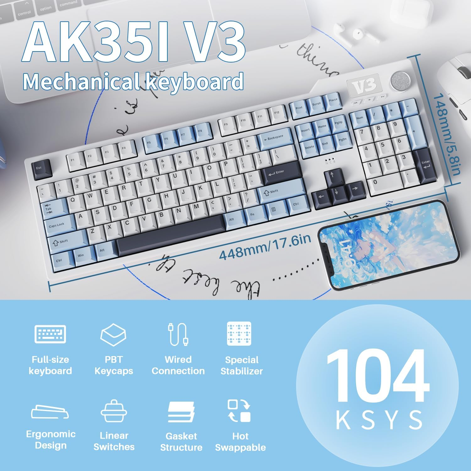 AJAZZ AK35I V3 Full Size Wired Gasket Mount Keyboard with Multimedia Buttons & Knob Control | Five Layer Pad | OEM Profile PBT Keycaps | White Backlit Custom Keyboard image number 2