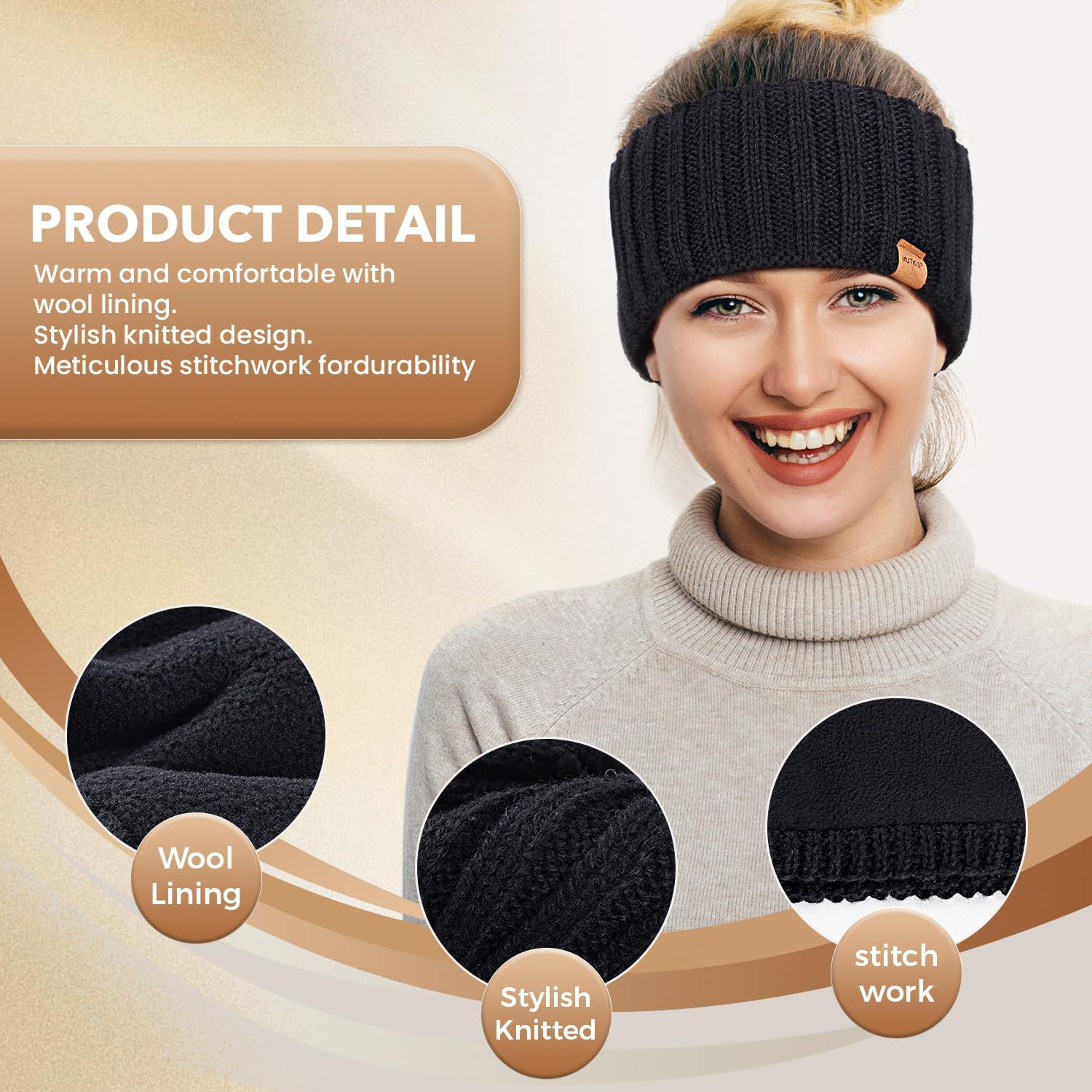 MUTKIS Women'S Winter Headband, Pack of 3, Ear Warmers, Women'S Headband, Wool Knitted Thick with Fleece Lining, Hair Band, Cold Weather Warm Earmuffs (Black + Beige + Dark Grey) image number 1