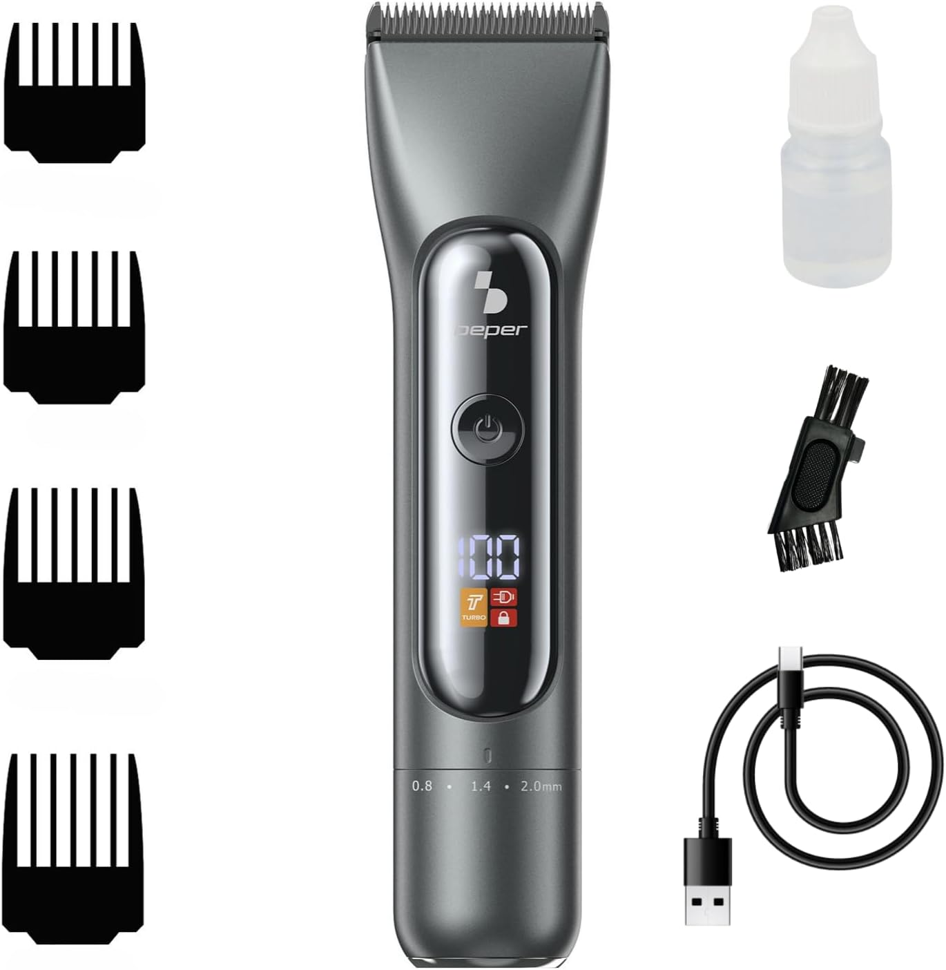 BEPER P304CAP010 Professional Men'S Hair Clipper, Titanium and Ceramic Blades, LED Display, 4 Adjustable Combs, 2 Speeds, Autonomy 3 Hours, USB-C Charging, Wired image number 1
