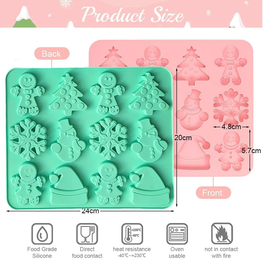 Christmas Silicone Molds,2 PCS 12 Cavities Candy Baking Molds,For Mini Cakes, Handmade Soap, Chocolate, Jello, Candy and Candles,With Snowflake Gingerbread Santa Snowman Molds image number 1
