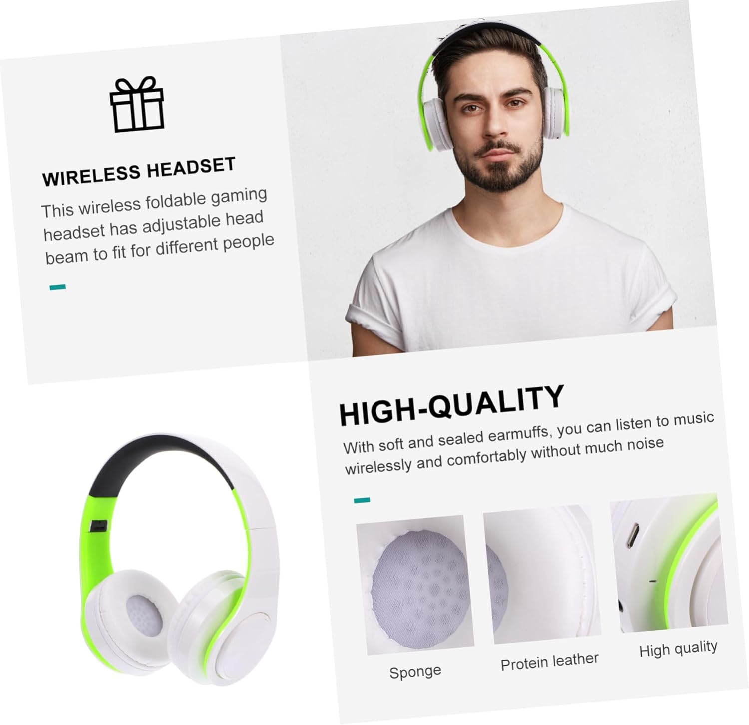 Tofficu Foldable Over-Ear Wireless Headset with Wireless Connectivity and Aux Input, Adjustable Wireless Headphones for Sports and Travel Use, Green and White Design image number 1