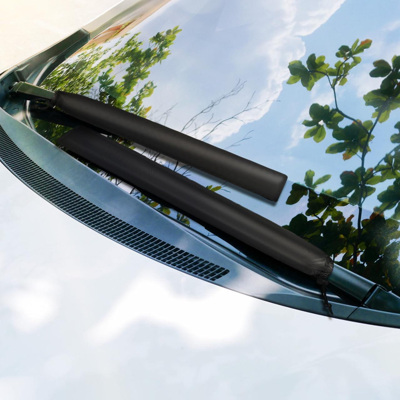 ULTECHNOVO 1 Pair Car Wiper Covers, Rain and Snow Protection, Bird Droppings, Windshield Wiper Protector Fortrucks Cars Suvs, Also Be Used as Umbrella, Hiking Pole Storage Cover (Black) image number 1