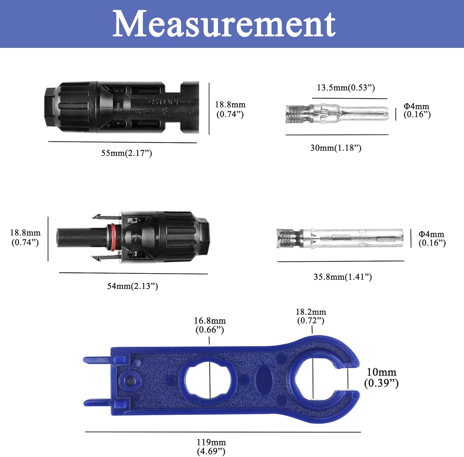 E-TING 42PCS Solar Panel Connector IP67 Waterproof Solar Connectors 1000V 30A Male/Female Plug with 2PCS Wrench Spanners (10 Pairs) image number 2