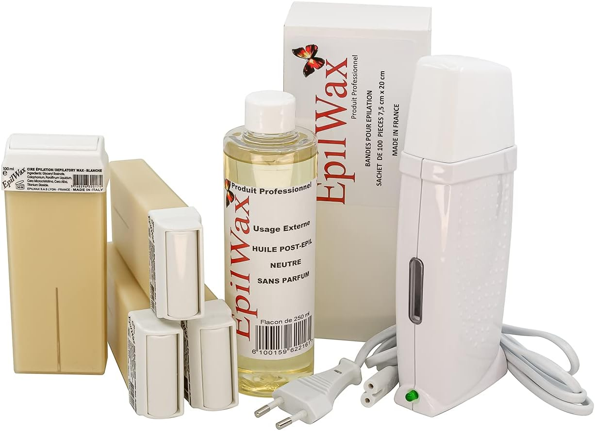 Epilwax Royal Complete Epilation Kit With: Professional Wax Warmer 4 Roll-On Wax 100Ml Vanilla, 100 Epilation Strips, 1 Bottle of 250Ml Oil after Epilation (Royal Series Vanilla 4)