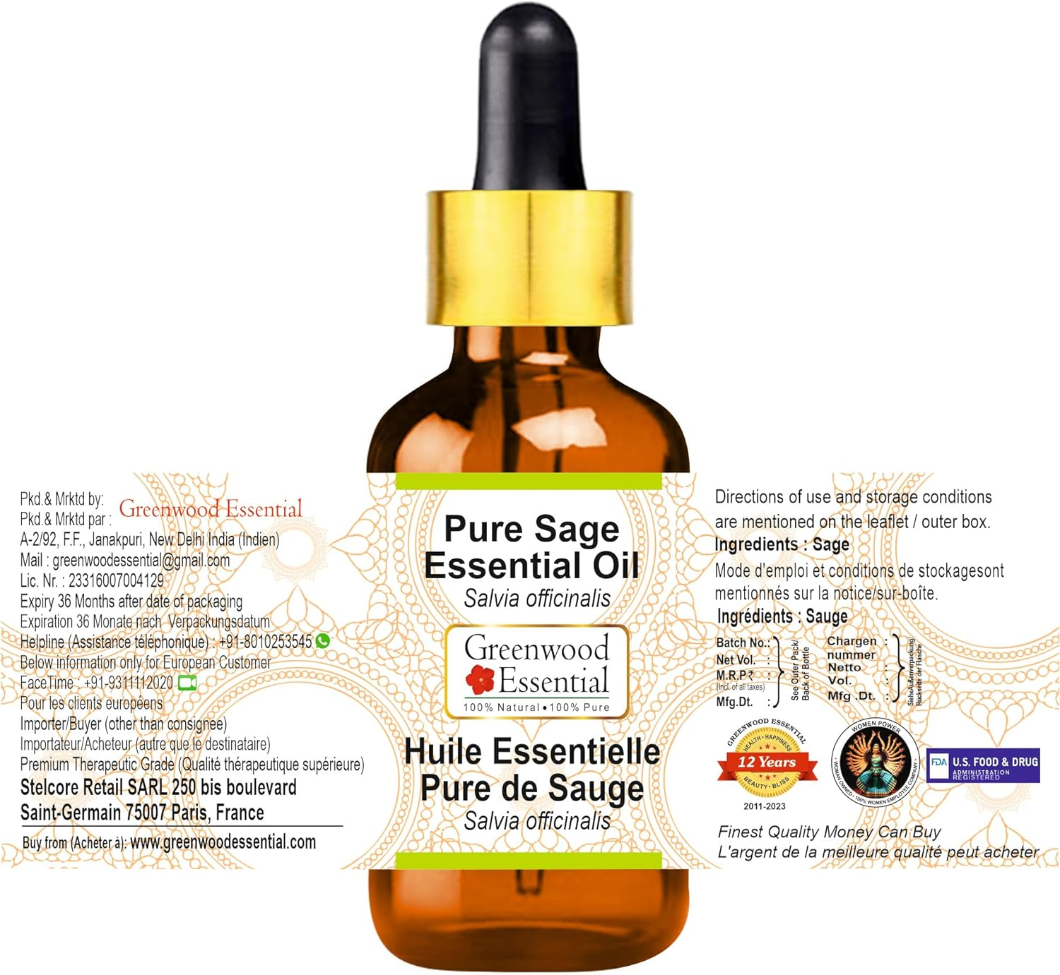 Greenwood Essential Pure Sage Essential Oil (Salvia Officinalis) with Glass Dropper Steam Distilled for Personal Care 30Ml (1Oz) image number 4