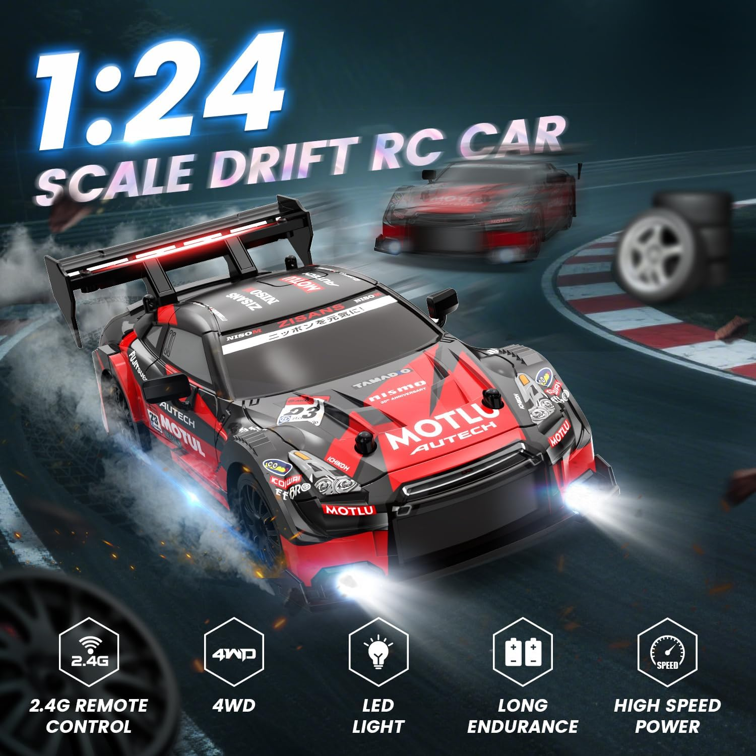 DEERC RC Drift Car, 4WD 2.4Ghz Remote Control Car for Kids W/LED Lights, Car Shell, 2 Rechargeable Batteries, 40Mins Playtime, Racing & Drift Wheels, 8 Traffic Cones, Toy Cars for Boys Girls image number 5